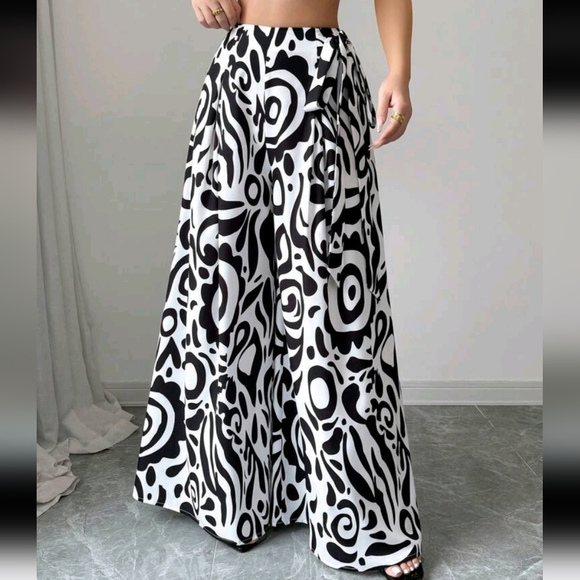 Women Fold-Over Print Cinched Waist Side Wide Leg Pants,Versatile For Daily Wear - Picture 1 of 5